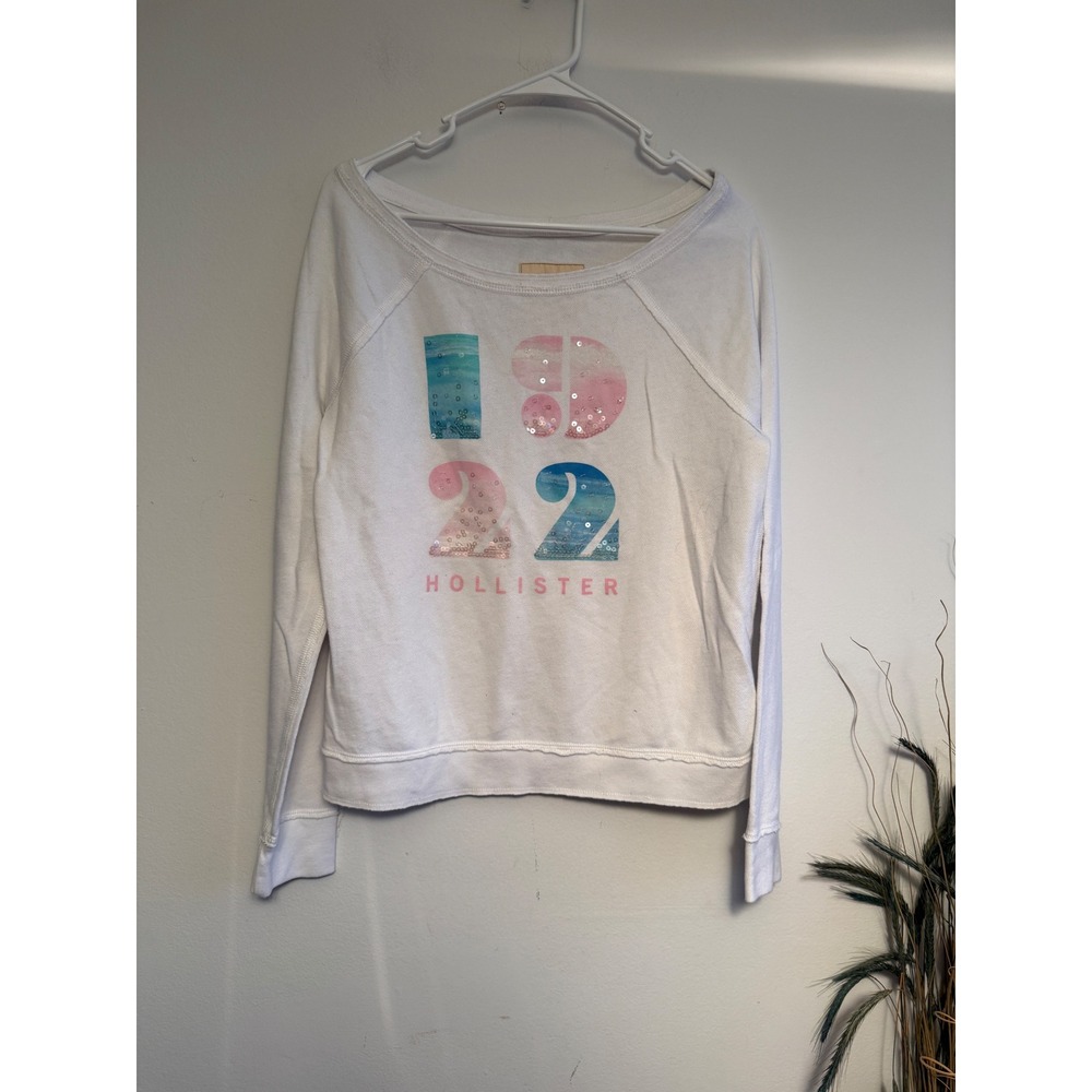 Hollister California 1922 White Sequin Graphic Sweatshirt Womens L Raglan y2k